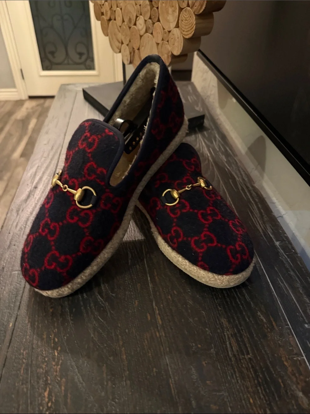 Gucci Navy & Red GG Wool Horsebit Loafers